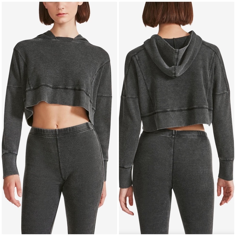 🩶 MADDEN GIRL Dark Gray Charcoal Waffle Knit Thermal Cropped Hoodie Top